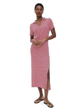 Velvet by Graham & Spencer Khan Striped Collared Midi Shirt Dress Size Small Red